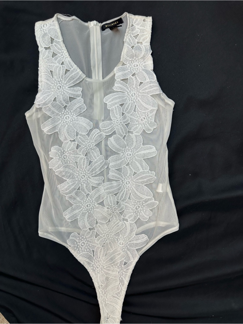 Revamped White Floral Lace Sheer Bodysuit M